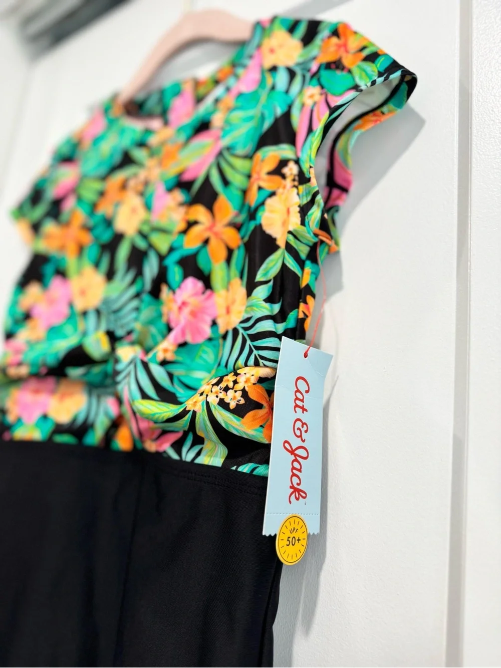 Kids Floral Tropical Short-Sleeve One-Piece Swimsuit - Black & Multi